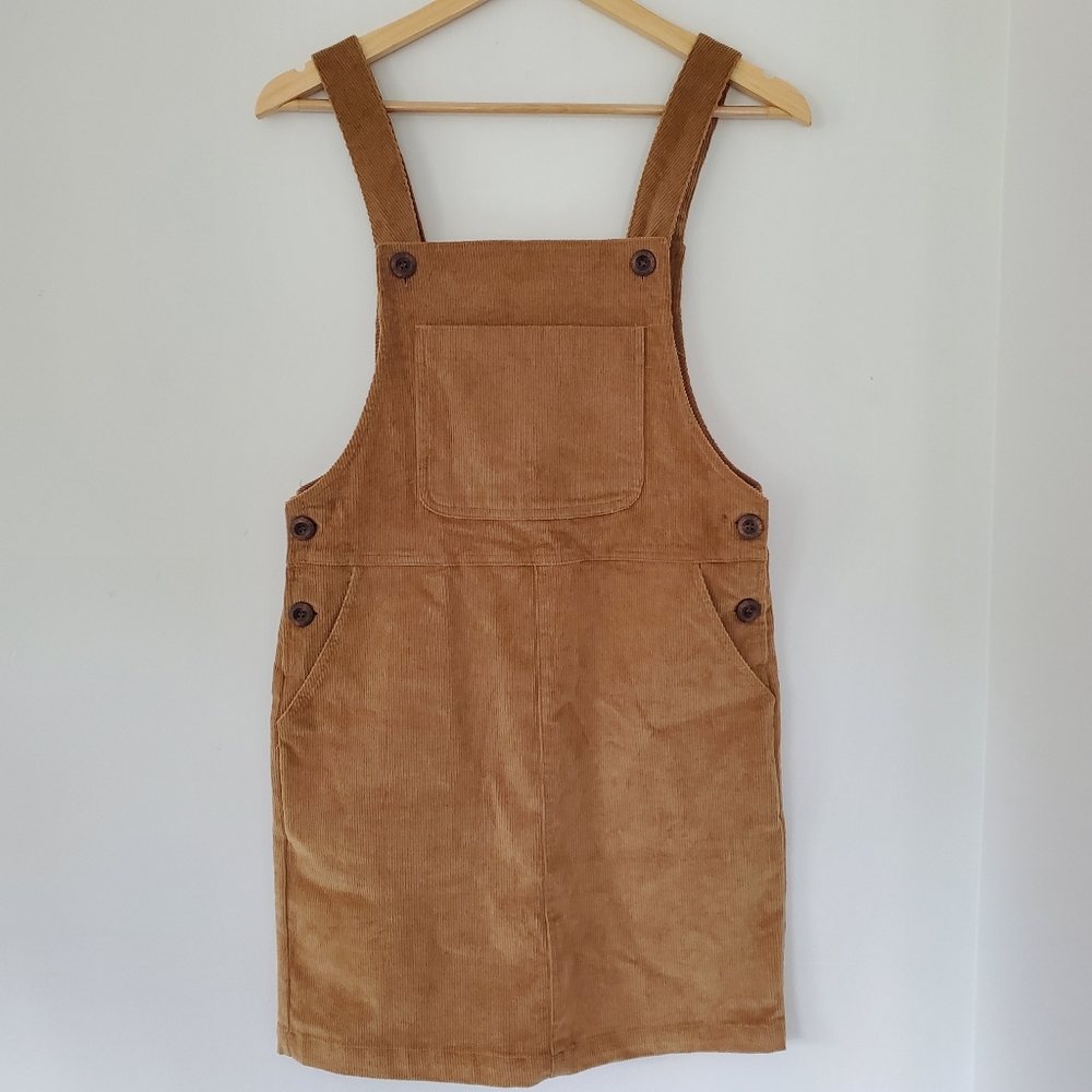 PAPER CRANE Sz S Brown Corduroy Overall Jumper Skirtall Pockets Faux Wood Button